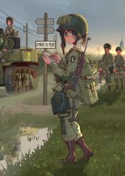 Rule 34 | 2boys, 3girls, backpack, bag, black eyes, black hair, boots, combat helmet, commentary, dirty, dirty face, english commentary, erica (naze1940), expressionless, from side, full body, goggles, goggles on headwear, grass, gun, helmet, highres, holding, holding gun, holding weapon, long sleeves, looking at viewer, m1 carbine, m1 garand, m1 helmet, m5 stuart, map, military, military uniform, military vehicle, motor vehicle, multiple boys, multiple girls, original, outdoors, pants, parted lips, patch, power lines, puddle, rifle, road, road sign, short hair, shoulder patch, sidelocks, sign, soldier, solo focus, standing, sunset, tank, uniform, utility pole, weapon, weapon on back, world war ii, writing