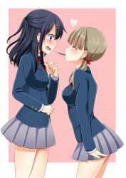 Rule 34 | 2girls, black hair, blazer, blunt bangs, blush, brown hair, cowboy shot, food, food-themed hair ornament, from side, fruit, hair ornament, hairclip, half updo, highres, jacket, long hair, long sleeves, looking at another, mouth hold, multiple girls, original, pocky, pocky kiss, school uniform, shared food, sharing food, skirt, strawberry, strawberry hair ornament, tottoto tomekichi, yuri