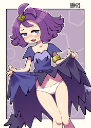 Rule 34 | 1girl, :3, acerola (pokemon), armlet, blush, chichibu (watson), clothes lift, commentary request, creatures (company), dress, dress lift, flipped hair, game freak, grey dress, grey eyes, hair ornament, hairclip, highres, knees, lifting own clothes, multicolored clothes, multicolored dress, navel, nintendo, open mouth, panties, pokemon, pokemon sm, purple hair, short sleeves, smile, solo, stitches, sweat, tongue, topknot, torn clothes, torn dress, underwear, white panties