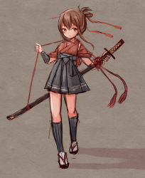 Rule 34 | 1girl, alternate costume, black hakama, brown eyes, brown hair, commentary request, folded ponytail, full body, grey background, hakama, hakama skirt, highres, inazuma (kancolle), japanese clothes, kantai collection, kneehighs, long hair, looking at viewer, sandals, simple background, skirt, socks, solo, standing, sword, weapon, wss (nicoseiga19993411)