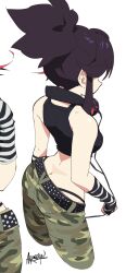 Rule 34 | 1girl, aetherion, alternate costume, alternate hairstyle, arm warmers, ass, bare shoulders, belt, black belt, black hair, butt crack, camouflage, camouflage pants, cropped legs, from side, headphones, headphones around neck, highres, kill la kill, long hair, matoi ryuuko, multiple views, pants, ponytail, signature, simple background, striped arm warmers, white background