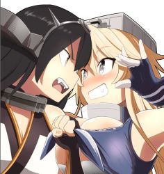 Rule 34 | 10s, 2girls, ahenn, black hair, blonde hair, blue eyes, blush, breasts, cleavage, fangs, fingerless gloves, gloves, grin, iowa (kancolle), jpeg artifacts, kantai collection, large breasts, multiple girls, nagato (kancolle), open mouth, red eyes, smile