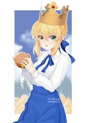 Rule 34 | 1girl, :o, absurdres, ahoge, artist name, artoria pendragon (all), artoria pendragon (fate), blonde hair, blue bow, blue ribbon, blue skirt, bow, braid, breasts, burger, collared shirt, cowboy shot, crown, fate/grand order, fate (series), felixkohai, food, green eyes, hair bow, highres, holding, holding food, large breasts, long sleeves, looking at viewer, neck ribbon, open mouth, outline, ribbon, saber (fate), shirt, shirt tucked in, skirt, solo, white background, white outline, white shirt
