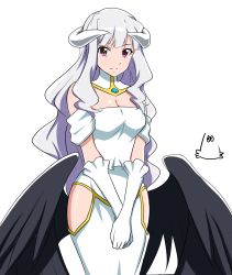 Rule 34 | 1girl, absurdres, albedo (overlord), albedo (overlord) (cosplay), bare shoulders, black wings, breasts, cleavage, cosplay, demon girl, demon horns, dress, gloves, hara yumi, highres, hip vent, horns, idolmaster, idolmaster (classic), jabara tornado, long hair, looking at viewer, low wings, overlord (maruyama), purple eyes, red eyes, shijou takane, silver hair, simple background, solo, voice actor connection, wings