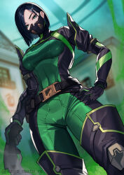 Rule 34 | 1girl, absurdres, animification, belt, black belt, black hair, black thighhighs, blurry, blurry background, bodysuit, breasts, covered mouth, from below, green bodysuit, green eyes, highres, holding, kagematsuri, looking at viewer, looking down, mask, medium breasts, mouth mask, short hair, solo, thighhighs, valorant, viper (valorant)