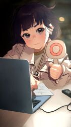 Rule 34 | 1girl, :3, black hair, blush, bob cut, brown eyes, cable, cellphone, circle, clenched hands, closed mouth, coat, commentary, computer, dark, film grain, hair strand, head tilt, highres, holding, holding sign, lanyard, laptop, light smile, long sleeves, looking at viewer, messy hair, open clothes, open coat, original, paper, phone, russian commentary, servachok, shirt, short eyebrows, short hair, sign, sitting, smile, solo, table, tanya (servachok), thick eyebrows, two-tone shirt, upper body, upturned eyes, white coat, white shirt, yellow shirt