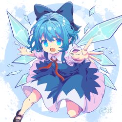 Rule 34 | 1girl, :d, absurdres, black footwear, blue background, blue bow, blue dress, blue eyes, blue hair, bow, chinese commentary, cirno, collared shirt, colored eyelashes, commentary request, dress, fairy, fang, floating clothes, floating hair, full body, hair between eyes, hair bow, hair intakes, happy, highres, huge bow, ice, ice wings, kagurachiriri, looking at viewer, mary janes, medium hair, neck ribbon, no socks, open mouth, outstretched arms, outstretched hand, pointy ears, red ribbon, ribbon, shirt, shoes, short sleeves, simple background, skin fang, sleeveless, sleeveless dress, slit pupils, smile, solo, standing, standing on one leg, touhou, two-tone background, white background, white shirt, wings
