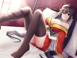 Rule 34 | 1girl, ahoge, azur lane, bare shoulders, black hair, breasts, brown thighhighs, cleavage, crossed bangs, empty eyes, highres, japanese clothes, jyu-so, kimono, legs, long hair, looking at viewer, mask, mask on head, no shoes, off shoulder, on bed, pillow, red kimono, sunlight, taihou (azur lane), thighhighs, twintails, very long hair, window