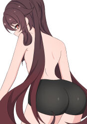 Rule 34 | 1girl, artist request, ass, bare shoulders, black shorts, breasts, brown hair, from behind, genshin impact, hu tao (genshin impact), long hair, looking at viewer, looking back, looking down, red eyes, short shorts, shorts, sideboob, small breasts, solo, topless, twintails, very long hair