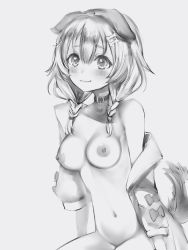 Rule 34 | 1girl, :3, animal ears, bad id, bad twitter id, belt collar, blush, bone hair ornament, breasts, closed mouth, coat, collar, dog ears, dog girl, dog tail, ears down, greyscale, hair flaps, hair ornament, highres, hololive, inugami korone, looking at viewer, medium breasts, monochrome, naked coat, nanashi (nlo), navel, nipples, off-shoulder coat, off shoulder, simple background, smile, solo, tail, virtual youtuber, white background