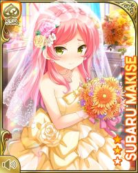 Rule 34 | 1girl, bare shoulders, bouquet, bow, closed mouth, cuffs, curtains, dress, flower, frilled dress, frills, girlfriend (kari), hair flower, hair ornament, holding, indoors, long hair, looking at viewer, makise subaru, nervous, official art, pink hair, qp:flapper, shirt, shoes, skirt, solo, sparkle, standing, table, twintails, veil, wedding dress, white dress, window, yellow eyes