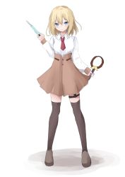 Rule 34 | 1girl, blonde hair, blue eyes, blush, brown skirt, brown thighhighs, collared shirt, full body, grey footwear, hair between eyes, hand up, hayashi maka, high-waist skirt, highres, hololive, hololive english, long sleeves, looking at viewer, magnifying glass, necktie, parted lips, red necktie, shadow, shirt, shoes, short necktie, skirt, solo, standing, thighhighs, virtual youtuber, watson amelia, watson amelia (1st costume), white background, white shirt