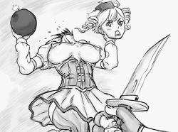 Rule 34 | 1girl, bad id, bb (baalbuddy), beheaded kamikaze, bomb, breasts, breasts out, corset, crossover, detached sleeves, drawfag, drill hair, explosive, fingerless gloves, gloves, greyscale, inactive account, knife, large breasts, mahou shoujo madoka magica, mahou shoujo madoka magica (anime), mami mogu mogu, monochrome, nipples, parody, pov, serious sam, thighhighs, tomoe mami