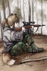 Rule 34 | 1girl, absurdres, aiming, animal ears, boots, brown eyes, brown hair, forest, fox ears, fox girl, fox girl (yihan1949), fox tail, gun, highres, nature, on ground, original, ponytail, rifle, scope, sniper rifle, solo, tail, tree, weapon, yihan1949