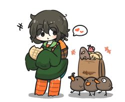 Rule 34 | +++, 1girl, animal, backpack, bag, baguette, bird, bird legs, black eyes, black hair, blush, bread, chibi, closed mouth, commentary request, earthworm, food, green hoodie, grocery bag, hair between eyes, heart, highres, holding, holding food, hood, hood down, hoodie, original, paper bag, shadow, shopping bag, simple background, solo, spoken heart, standing, uni souchou, white background