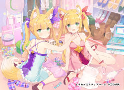 Rule 34 | &gt;:(, 2girls, :d, animal ear fluff, animal ears, bag, bare arms, bare shoulders, blonde hair, blue dress, blue footwear, blush, boots, bow, box, brown footwear, brown hat, candy wrapper, closed mouth, collarbone, commentary request, copyright name, copyright request, criss-cross halter, dress, fox ears, fox girl, fox tail, frilled dress, frills, green eyes, green footwear, hair bow, hair ribbon, halterneck, hand mirror, hat, head tilt, high heel boots, high heels, holding, indoors, jar, jewelry, loafers, looking at viewer, magazine (object), mirror, multiple girls, necklace, nose blush, open mouth, pink dress, plastic bag, purple bow, purple ribbon, red bow, red footwear, red ribbon, ribbon, shoes, shopping bag, shoulder blades, sitting, sleeveless, sleeveless dress, smile, tail, tetsujin momoko, toenails, transparent, twintails, unworn boots, unworn hat, unworn headwear, unworn shoes, v-shaped eyebrows, watermark, white footwear