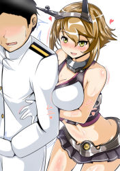 Rule 34 | 1boy, 1girl, absurdres, admiral (kancolle), ass, between breasts, black hair, black skirt, blush, breasts, brown hair, cleavage, collarbone, curvy, faceless, faceless male, gloves, green eyes, hair between eyes, headgear, heart, hetero, highres, hug, hug from behind, jacket, kantai collection, large breasts, leaning forward, midriff, miniskirt, mutsu (kancolle), navel, open mouth, pleated skirt, sangyou haikibutsu a, short hair, simple background, skindentation, skirt, smile, striped clothes, striped skirt, white background, white gloves, white jacket