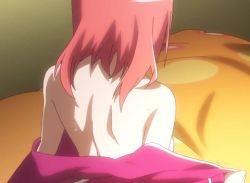 Rule 34 | 1girl, back, breasts, gradient background, mikakunin de shinkoukei, pink hair, sideboob, solo, sweat, undressing, yonomori kobeni