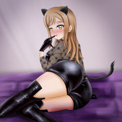 Rule 34 | 1girl, :p, animal ears, artist name, artist request, ass, bare legs, bed, black dress, black footwear, black gloves, black shorts, blush, boots, breasts, brown eyes, brown hair, dress, fake animal ears, female focus, from behind, gloves, hair between eyes, highres, kunikida hanamaru, light brown hair, long hair, looking at viewer, looking back, love live!, love live! sunshine!!, medium breasts, nose blush, on bed, parted lips, shorts, sideboob, smile, solo, tongue, tongue out, yellow eyes
