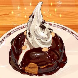 Rule 34 | chocolate syrup, food, food focus, highres, indoors, komeda&#039;s coffee, miri illust, no humans, original, plate, restaurant, shiro-noir, sparkle, syrup, table, whipped cream, wooden table