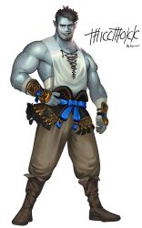 Rule 34 | 1boy, arm hair, baggy pants, bandaged arm, bandages, bara, beard stubble, black hair, blue skin, body freckles, boots, brown footwear, chivo (kalchivo), colored skin, commission, cross-laced slit, facial hair, freckles, full body, hairy, highres, large pectorals, leather, leather boots, legs apart, looking at viewer, male focus, mature male, midriff sarashi, monster boy, muscular, muscular male, mustache stubble, open mouth, orc, original, pants, pectoral cleavage, pectorals, pointy ears, sarashi, second-party source, shirt, short hair, sidepec, sleeveless, sleeveless shirt, smile, solo, stubble, tachi-e, thicc thokk (jpsr388), thick eyebrows, tusks, undercut, vambraces, white background, white shirt