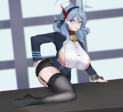 Rule 34 | 1girl, absurdres, ako (blue archive), bell, black skirt, black thighhighs, blue archive, blue eyes, blue hair, blush, breasts, commentary, english commentary, full body, garter straps, gcg, hair between eyes, hair ornament, hairband, halo, highres, large breasts, long hair, long sleeves, looking at viewer, neck bell, parted lips, sideboob, skirt, solo, thighhighs, thighs