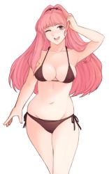Rule 34 | 1girl, absurdres, bikini, breasts, cleavage, female focus, fire emblem, fire emblem: three houses, fire emblem heroes, hair down, halterneck, highres, hilda valentine goneril, long hair, looking at viewer, matching hair/eyes, medium breasts, nintendo, one eye closed, open mouth, pink eyes, pink hair, side-tie bikini bottom, simple background, skindentation, smile, solo, standing, swimsuit, transparent background, tridisart, white background