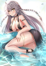 Rule 34 | 1girl, ahoge, bikini, black bikini, braid, breasts, closed mouth, fate/grand order, fate (series), full body, grey hair, heroic spirit festival outfit, highres, jeanne d&#039;arc (fate), jeanne d&#039;arc alter (fate), jeanne d&#039;arc alter (festival outfit) (fate), jewelry, large breasts, long hair, looking at viewer, ltsum, necklace, official alternate costume, solo, swimsuit, twin braids, yellow eyes