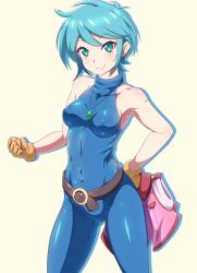 Rule 34 | 1girl, allenby beardsley, bare shoulders, blue bodysuit, blue hair, blush, bodysuit, breasts, collarbone, commentary request, covered erect nipples, covered navel, danpu, g gundam, gloves, gluteal fold, green eyes, gundam, hair between eyes, highres, jacket, jewelry, looking at viewer, medium breasts, necklace, open mouth, shiny clothes, shiny skin, short hair, simple background, skin tight, smile, solo, standing, unworn jacket