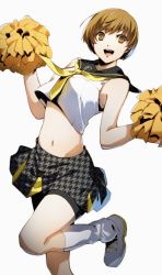 Rule 34 | 1girl, :d, adapted costume, bike shorts, black sailor collar, black shorts, brown eyes, brown hair, cheerleader, crop top, grey skirt, houndstooth, kneehighs, looking at viewer, midriff, miniskirt, nakano maru, navel, neckerchief, open mouth, persona, persona 4, pleated skirt, pom pom (cheerleading), print skirt, sailor collar, satonaka chie, school uniform, shoes, short hair, short shorts, shorts, shorts under skirt, simple background, skirt, sleeveless, smile, sneakers, socks, solo, standing, standing on one leg, stomach, white background, white footwear, white socks, yasogami school uniform, yellow neckerchief