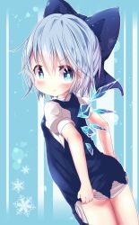 Rule 34 | &gt;:t, 1girl, :t, akisha, ass, back, bad id, bad pixiv id, blue dress, blue eyes, blue hair, blush, bow, cirno, clothes lift, dress, dress lift, from behind, hair bow, highres, ice, ice wings, looking at viewer, looking back, matching hair/eyes, pout, puffy short sleeves, puffy sleeves, shirt, short sleeves, solo, touhou, v-shaped eyebrows, wings