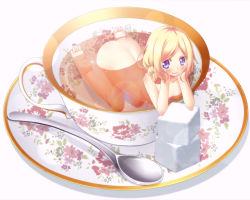 Rule 34 | 1girl, ass, back, bad id, bad pixiv id, barefoot, blonde hair, blue eyes, blush, breasts, cup, floral print, head rest, in container, in cup, kago no tori, kneeling, long hair, looking at viewer, mini person, minigirl, nude, parted bangs, partially submerged, pretty series, pretty rhythm, pretty rhythm rainbow live, smile, solo, spoon, sugar cube, takanashi otoha, tea, teacup, toes, white background