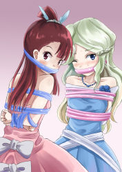 Rule 34 | 2girls, arms behind back, blue dress, blue eyes, blush, bow, brown hair, collarbone, diana cavendish, dress, gradient background, grey bow, jewelry, jitan777, kagari atsuko, little witch academia, long hair, looking at viewer, multiple girls, necklace, one eye closed, pink dress, purple background, red eyes, restrained, silver hair, sketch, strapless, strapless dress, sweatdrop, two-tone background, very long hair, white background