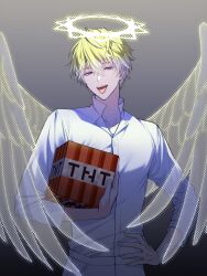 Rule 34 | 1boy, absurdres, angel wings, bata000e, blonde hair, collarbone, collared shirt, commentary, english commentary, explosive, feathered wings, gradient background, gradient hair, grey background, hair between eyes, halo, hand on own hip, highres, holding, long sleeves, looking at viewer, male focus, minecraft, mole, mole on neck, multicolored hair, nijisanji, nijisanji en, open mouth, purple eyes, shirt, short hair, simple background, smile, solo, sonny brisko, standing, teeth, tnt, tnt block (minecraft), tongue, tongue out, transparent wings, upper teeth only, virtual youtuber, white hair, white shirt, wings