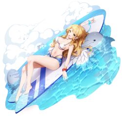 Rule 34 | 1girl, :d, adrianne (eversoul), angel, angel wings, bare arms, bare legs, bare shoulders, barefoot, bikini, blonde hair, blue halo, blush, breasts, cloud, denim, denim shorts, dolphin, eversoul, feathered wings, flower, game cg, green eyes, halo, highres, long hair, looking at viewer, looking to the side, lying, medium breasts, ocean, official alternate costume, official art, on back, open fly, open mouth, panty straps, pointy ears, red flower, shorts, smile, solo, stomach, surfboard, swimsuit, tachi-e, transparent background, white bikini, wings, wristlet
