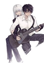 Rule 34 | 1boy, 1girl, black gloves, black hair, blue eyes, blush, character request, collared shirt, copyright request, cowboy shot, electric guitar, fish nwn, formal, gloves, guitar, highres, holding hands, instrument, open mouth, shirt, short hair, simple background, suit, sweat, white background, white hair, white shirt