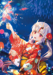 Rule 34 | 1girl, :d, aerial fireworks, arm up, commentary request, fangs, fireworks, flower, grey hair, hair between eyes, hair flower, hair ornament, holding fireworks, hololive, horns, japanese clothes, kimono, long hair, long sleeves, looking at viewer, low twintails, multicolored hair, nakiri ayame, nakiri ayame (new year), night, night sky, obi, oni, open mouth, outdoors, red eyes, red flower, red hair, red kimono, sash, say hana, senkou hanabi, skin-covered horns, sky, smile, solo, sparkler, streaked hair, twintails, very long hair, virtual youtuber, wide sleeves, yukata