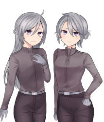 Rule 34 | 1boy, 1girl, braid, brother and sister, commentary request, french braid, gloves, grey eyes, hair between eyes, hair bun, hand on own hip, hand on own chest, highres, long hair, looking at viewer, neit ni sei, original, pants, shirt, siblings, silver hair, single hair bun, skirt, smile, twins