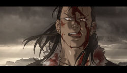 Rule 34 | 1boy, akakokko (niro azarashi), arslan senki, black hair, blood, blood on clothes, blood on face, character request, check character, collarbone, earrings, grey sky, injury, jewelry, licking lips, long hair, looking at viewer, male focus, multiple earrings, open mouth, orange eyes, sky, solo, teeth, tongue, tongue out, unusually open eyes, upper body, upper teeth only, zaravant