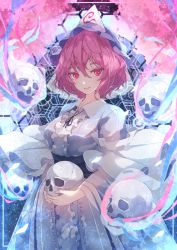 Rule 34 | 1girl, blue hat, blue kimono, chiroru (cheese-roll), closed mouth, frilled kimono, frills, hair between eyes, hat, highres, holding, holding skull, japanese clothes, kimono, long sleeves, mob cap, pink eyes, pink hair, saigyouji yuyuko, short hair, skull, smile, solo, touhou, triangular headpiece, upper body, wide sleeves