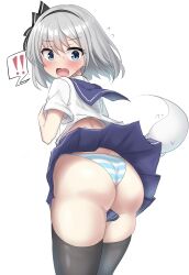 Rule 34 | !, !!, 1girl, absurdres, alternate costume, ass, black hairband, black thighhighs, blue sailor collar, blue skirt, blush, commentary request, cowboy shot, embarrassed, flying sweatdrops, from behind, grey hair, hairband, highres, konpaku youmu, konpaku youmu (ghost), looking at viewer, looking back, miniskirt, open mouth, panties, pantyshot, pleated skirt, sailor collar, school uniform, serafuku, shirt, short hair, skirt, solo, spoken exclamation mark, striped clothes, striped panties, surprised, sweatdrop, thighhighs, touhou, underwear, v-shaped eyebrows, wavy mouth, wedgie, white shirt, wind, wind lift, youmu-kun