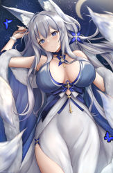 Rule 34 | 1girl, amano kusatsu, animal ear fluff, animal ears, azur lane, bare shoulders, blue butterfly, blue collar, blue dress, blue eyes, breasts, bug, butterfly, cleavage, collar, dress, evening gown, feather boa, fox ears, halter dress, halterneck, highres, insect, kitsune, kyuubi, large breasts, large tail, long hair, looking at viewer, multiple tails, shinano (azur lane), shinano (dreams of the hazy moon) (azur lane), sleeveless, sleeveless dress, solo, tail, white dress, white hair, white tail, wrist flower