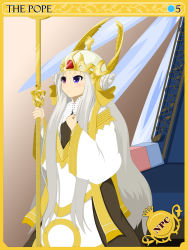 Rule 34 | 1girl, :&lt;, blush, brown dress, card (medium), character name, closed mouth, commentary request, cone hair bun, cross, crown, dress, english text, fake wings, feet out of frame, gem, golden wings, hair bun, heterochromia, holding, holding staff, layered dress, long hair, long sleeves, looking afar, mitya, pope (ragnarok online), purple eyes, ragnarok online, red eyes, solo, staff, white dress, white hair, wide sleeves, wings