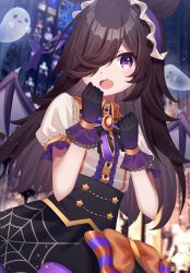 Rule 34 | 1girl, absurdres, bat wings, black hair, blurry, blurry background, bow, bowtie, dress, fang, frills, ghost, gloves, hair over one eye, hands up, highres, juliet sleeves, long hair, long sleeves, looking at viewer, official alternate costume, open mouth, puffy sleeves, rice shower (make up vampire!) (umamusume), rice shower (umamusume), sapphire (sapphire25252), short sleeves, solo, tearing up, umamusume, upper body, wings