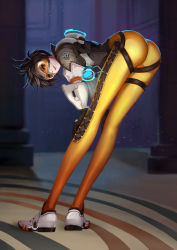 Rule 34 | 1girl, ass, backlighting, bent over, bodysuit, bomber jacket, brown eyes, brown hair, brown jacket, chest harness, from behind, full body, gloves, goggles, harness, hei yu, highres, indoors, jacket, long legs, looking at viewer, looking back, overwatch, overwatch 1, shoes, short hair, skin tight, smile, solo, spiked hair, standing, tracer (overwatch)