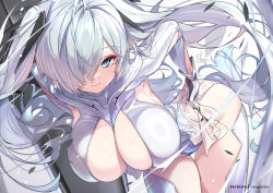 1girl bent_over blue_eyes blush bodysuit breasts cinderella_(nikke) cleavage gloves goddess_of_victory:_nikke hair_over_one_eye hong_(white_spider) large_breasts long_hair looking_at_viewer one_eye_covered see-through_bodysuit see-through_clothes see-through_skirt shiny_skin skindentation skirt smile solo twintails very_long_hair white_bodysuit white_hair