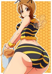 Rule 34 | 10s, 1girl, antennae, aokura shou, ass, bee costume, breasts, brown eyes, brown hair, happinesscharge precure!, highres, honey, honeycomb background, honeycomb pattern, looking at viewer, oomori yuuko, precure, smile, solo, striped, wings