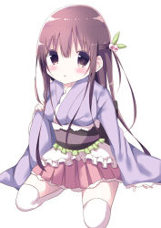 Rule 34 | 1girl, :&lt;, absurdres, apron, blush, brown hair, commentary request, frilled apron, frills, green ribbon, hair between eyes, hair bobbles, hair ornament, hair ribbon, hamada pengin, highres, japanese clothes, kimono, long hair, long sleeves, looking at viewer, maid, obi, one side up, original, parted lips, pinching sleeves, pink skirt, pleated skirt, purple eyes, purple kimono, ribbon, sash, seiza, short kimono, simple background, sitting, skirt, sleeves past wrists, solo, thighhighs, triangle mouth, wa maid, white apron, white background, white thighhighs, wide sleeves