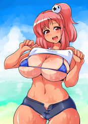 Rule 34 | 1girl, areola slip, bikini, bikini top only, blush, breasts, brown eyes, cleavage, clothes lift, curvy, cutoffs, dead or alive, dead or alive 5, denim, denim shorts, female focus, hair ornament, highres, honoka (doa), large breasts, long hair, looking at viewer, micro bikini, navel, one side up, open mouth, pink hair, red eyes, ryo (liver sashi daisuki!), ryoi, ryoimaru, shirt, shirt lift, shirt tan, short shorts, shorts, shorts tan, side ponytail, smile, solo, standing, sweat, swimsuit, tan, tanline, tecmo, thick thighs, thighs, unzipped, wet, wide hips