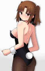 Rule 34 | 1girl, absurdres, alternate costume, ass, back, backless leotard, backless outfit, bare shoulders, black leotard, blush, breasts, brown eyes, brown hair, brown pantyhose, closed mouth, commentary request, fake tail, from behind, highres, leotard, long hair, looking at viewer, maz515, maz 515, medium breasts, pantyhose, parted bangs, partial commentary, playboy bunny, rabbit tail, simple background, solo, strapless, strapless leotard, tail, tsukihime, twitter username, two side up, white background, wrist cuffs, yumizuka satsuki